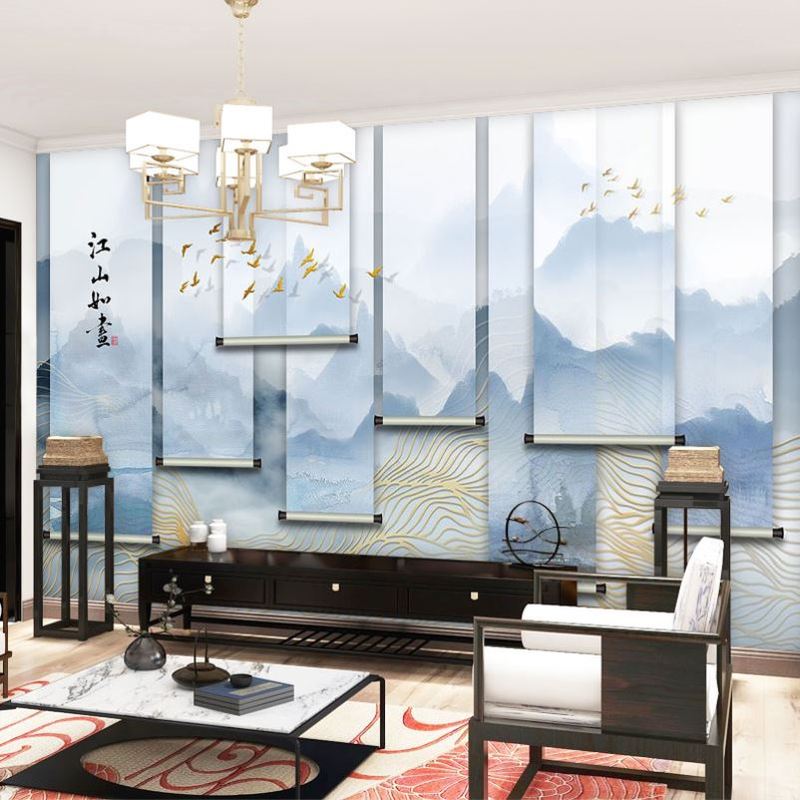 新中式金线挂帘墙纸水墨山水画沙发背景墙布古风禅意餐厅茶室壁纸