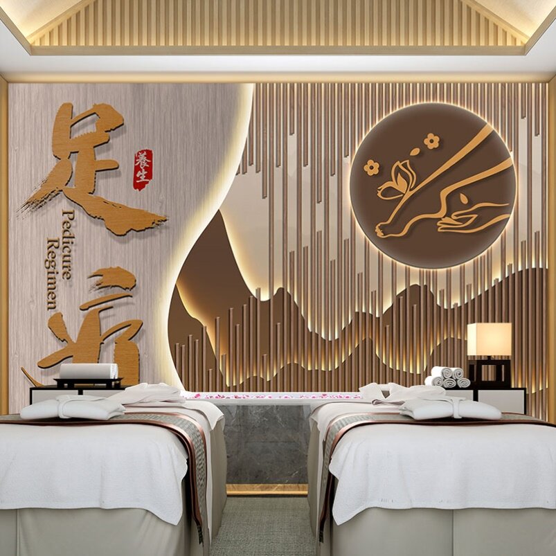 3d足疗店壁纸新中式格栅前台背景墙采耳馆沐足洗浴中心按摩店壁纸