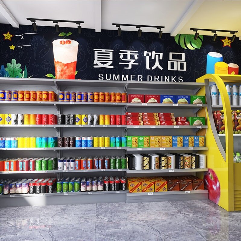手绘超市区域分类壁纸商场服务台日用百货零食便利店收银壁纸