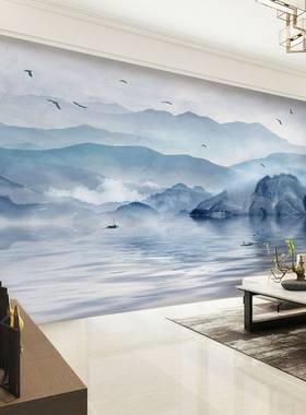3d水墨山水画意境墙纸茶室墙布新中式现代风格客厅电视背景墙壁纸
