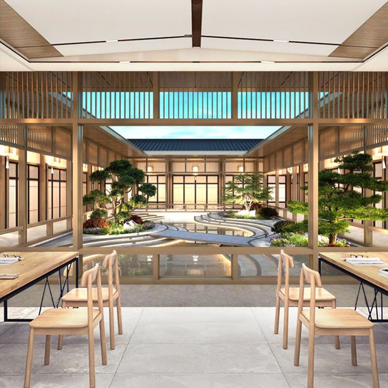 中式园林景观庭院壁纸3D立体茶叶直播间背景墙布茶室餐厅包厢墙纸