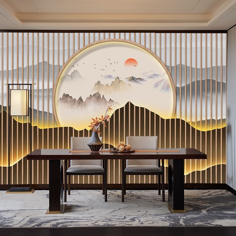 新中式格栅山水墙纸头疗店养生馆SPA按摩房间装饰背景墙茶室壁纸
