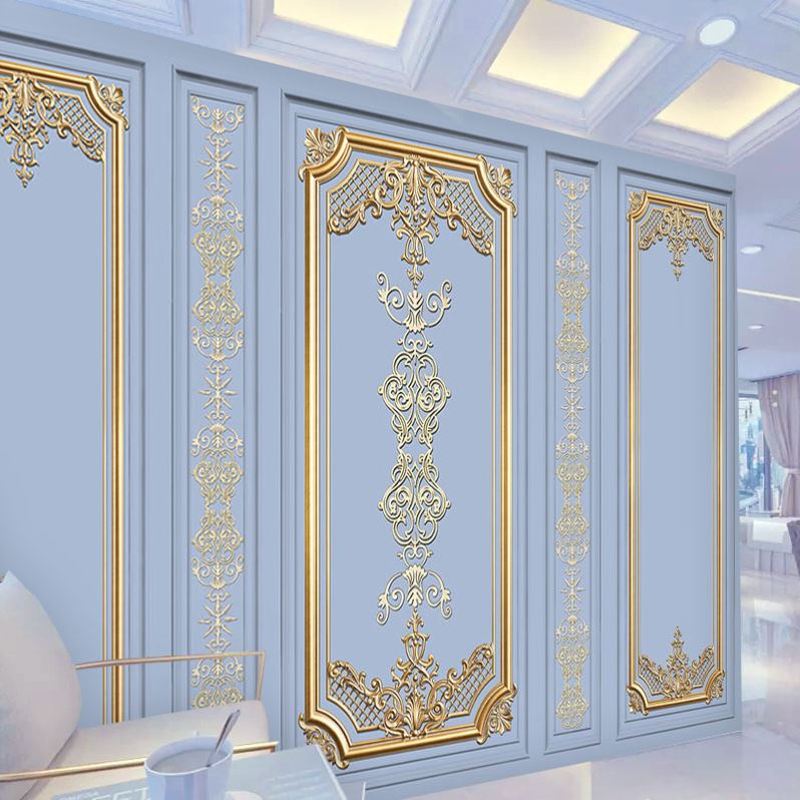 法式轻奢壁纸3d浮雕芭蕾舞蹈室美容院欧式花边金边石膏线背景墙纸