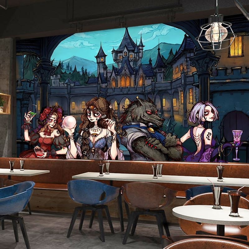 惊悚狼人杀桌游吧墙纸鬼屋密室逃脱壁纸轰趴馆恐怖剧本杀背景墙布