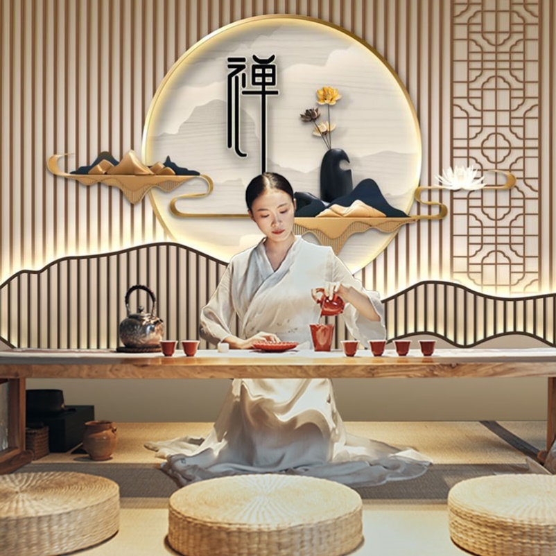 禅意新中式墙布直播间禅修室壁纸古筝教室茶艺馆茶庄茶室背景墙纸