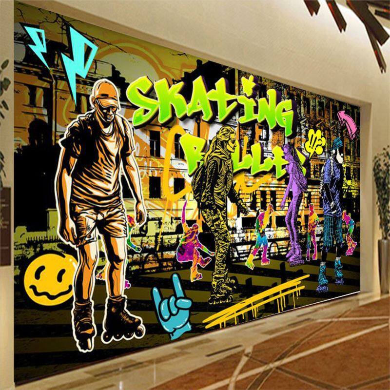 欧美涂鸦墙纸街头嘻哈潮牌店背景墙溜冰室旱冰轮滑馆壁纸滑板壁布