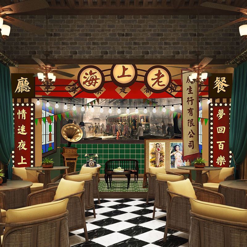 老上海风情壁画壁纸复古怀旧装饰民国风壁布上海滩直播间背景墙纸