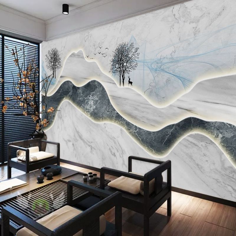 3d立体新中式墙纸抽象艺术瓷砖岩板山水背景墙布酒店大厅大堂壁纸