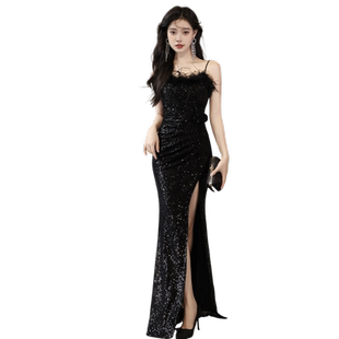 黑色晚礼服女2025新款高级感名媛年会亮片吊带鱼尾裙轻奢小众高端
