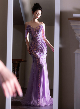 紫色晚礼服女2026新款高级感亮片宴会气质主持人年会高端轻奢小众
