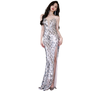 高定晚礼服女高级感秋冬季年会名媛宴会主持人重工高端银色鱼尾裙