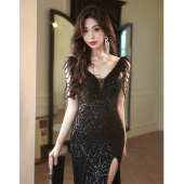 黑色宴会晚礼服女高级感高端年会主持人性感气质鱼尾亮片流苏长裙
