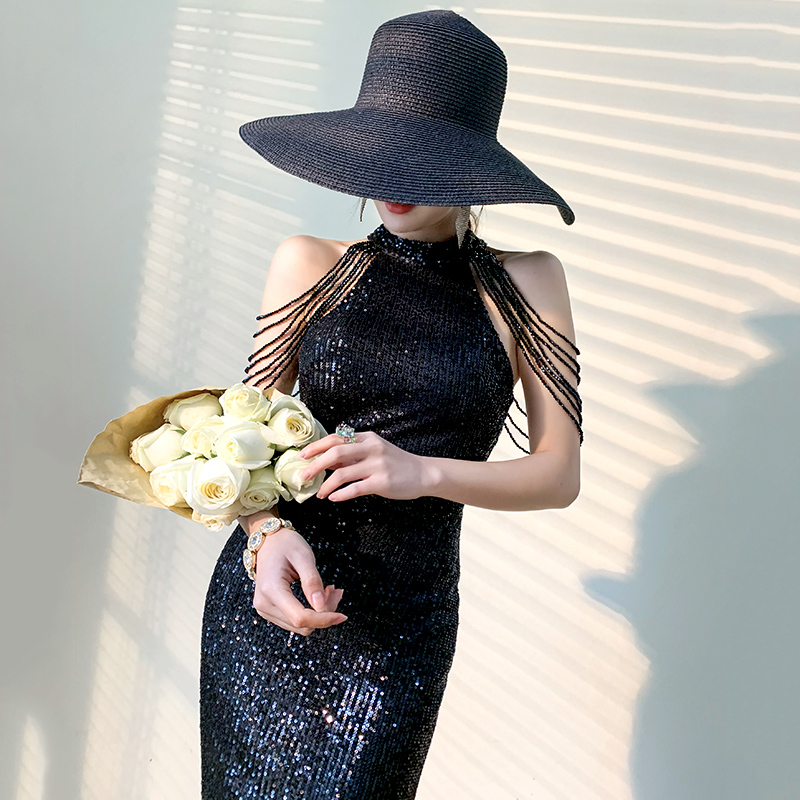 流苏气场女王新款高级挂脖晚礼服