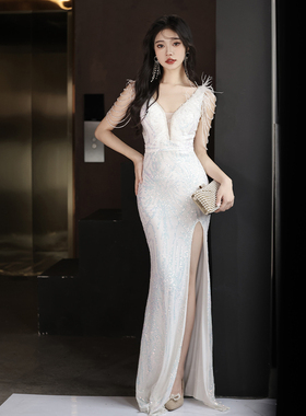 白色宴会重工晚礼服女2025新款名媛高级感秋冬季高端主持人鱼尾裙