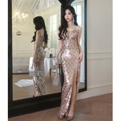 亮闪晚礼服女高级感年会主持人宴会气质性感吊带鱼尾长款 高端重工