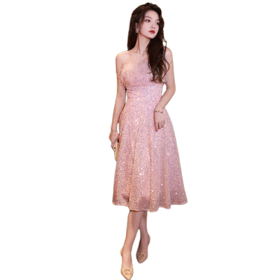 绎冉韩版抹胸中长款晚礼服