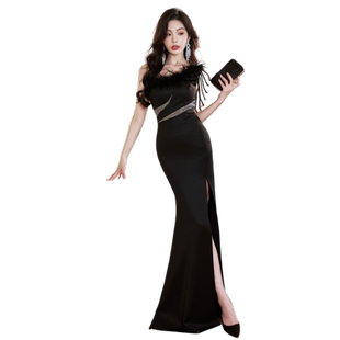 黑色晚礼服女高级感秋冬季高端年会主持人名媛宴会单肩鱼尾流苏裙