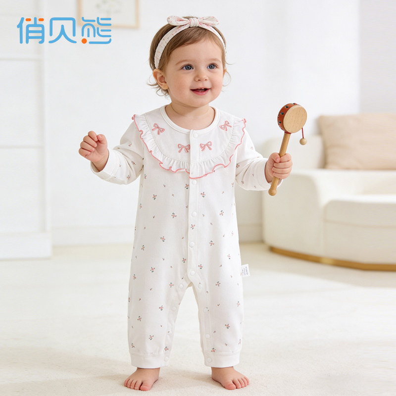 婴儿长袖连体衣纯棉春季薄款女宝宝空调服夏季爬行服哈衣外穿洋气