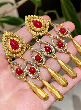 中古vintage复古流苏夸张宫廷风耳钉女红色水滴气质金属耳环69