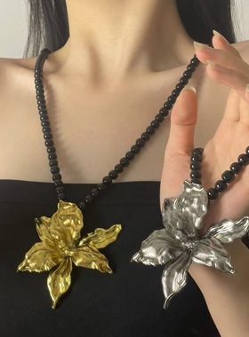 欧美轻奢金属花朵吊坠黑色串珠项链甜酷重工夸张高级小众锁骨链93