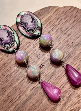 炫彩紫色巴洛克珍珠耳钉复古设计流光珠美人头像耳环水滴耳饰32