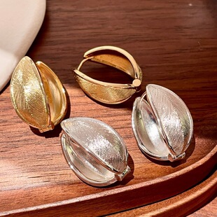 金色双面树叶U型耳扣女拉丝水滴大耳环轻奢个性耳钉耳饰31