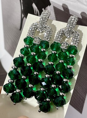 中古vintage绿色南瓜琉璃流苏耳坠满钻水晶长耳钉复古闪钻耳环207