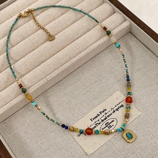 彩色松石水晶天然石玛瑙串珠项链叠戴颈链蓝色猫眼石锁骨链女33