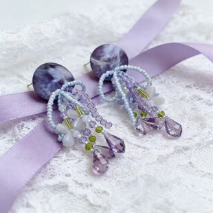 紫色梦境～紫色贝壳花朵串珠流苏耳环油画风旅游度假耳饰耳钉女34