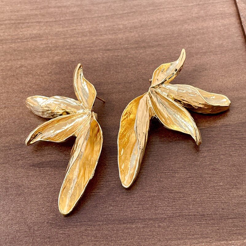 欧美复古金属树叶耳环女秋冬高级感夸张金色做旧耳钉中古耳饰27