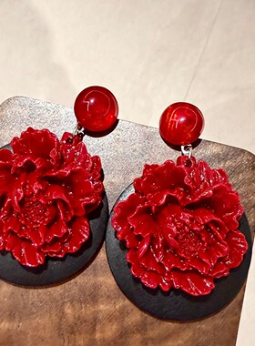 惊艳红牡丹耳坠大气红牡丹国风耳钉港风时髦红色花瓣夸张耳饰11