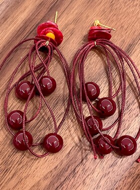 红豆相思~复古安可拉红色串珠耳钉女设计感流苏耳环女81