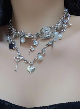 甜酷重工玫瑰花爱心钥匙铆钉项链时尚欧美风轻奢小众多元素锁骨53