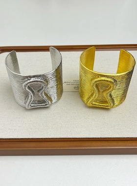复古风金属条纹钥匙锁孔浮雕感开口手镯时尚重工手环14
