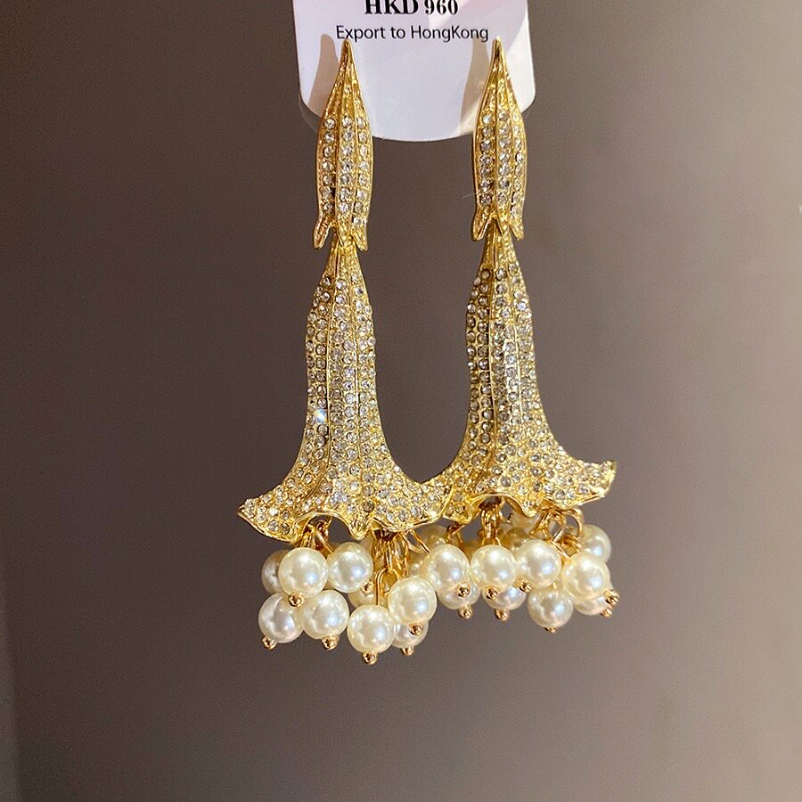 中古喇叭花满钻珍珠耳坠vintage复古气质百搭耳环简约镶钻耳钉29