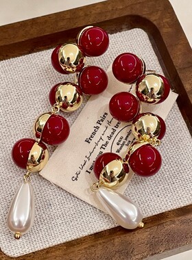 安可拉红色珍珠耳钉法式复古红金拼接长款流苏耳环耳饰15