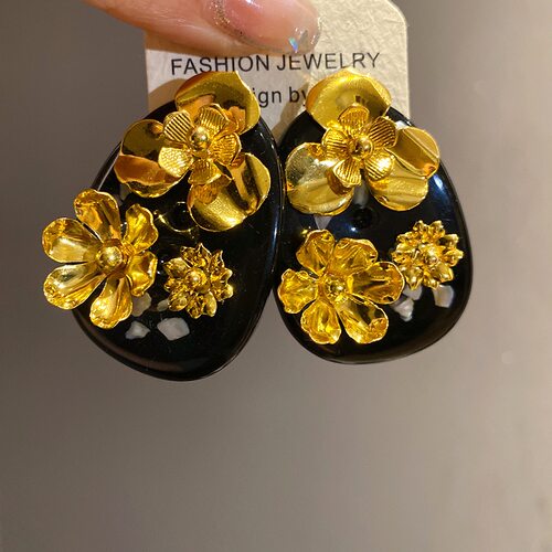 新中式复古黑金立体花朵耳环轻奢气质高级感大气夸张独特耳饰