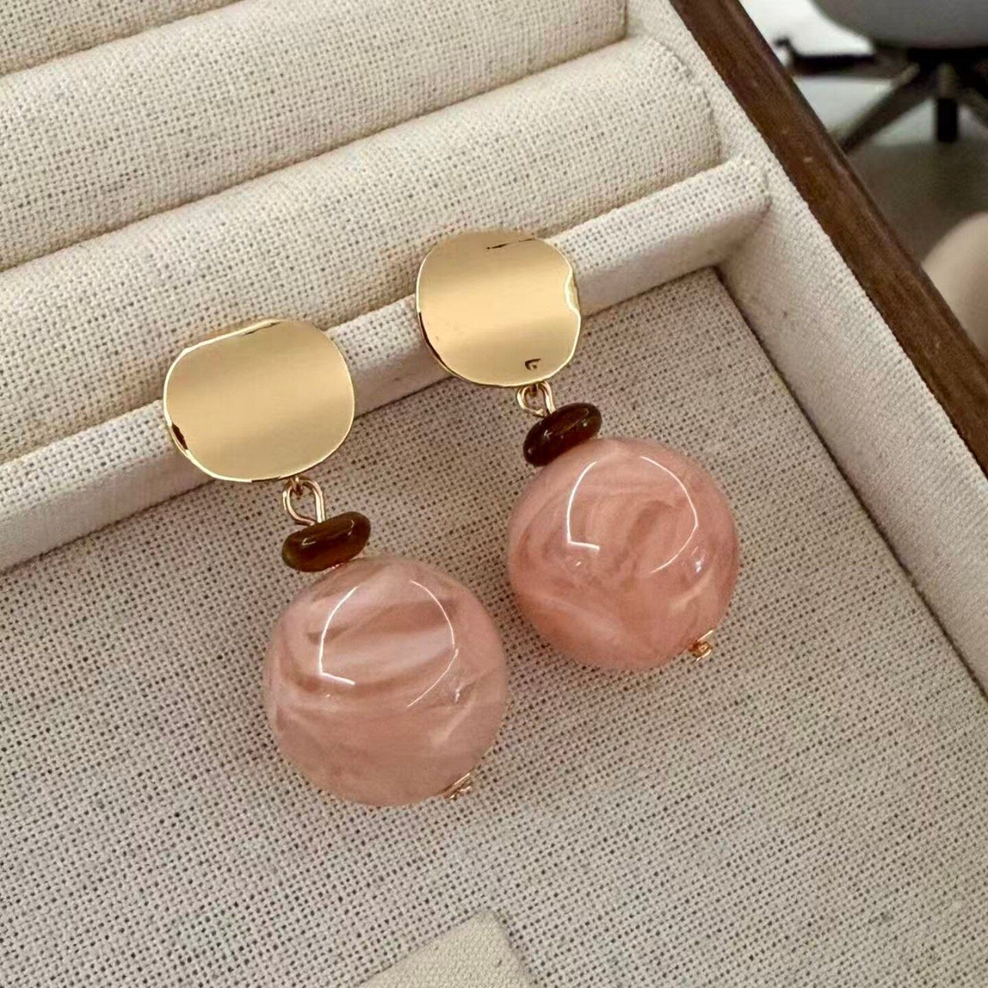 渐变粉红圆球几何耳饰法式小众复古时髦粉色串珠吊坠耳钉耳环25