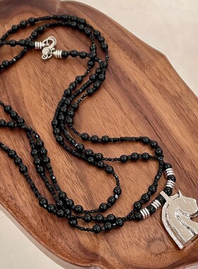 中古黑色水晶串珠银色马头吊坠长款项链女叠戴多层颈链毛衣链25