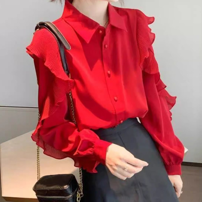 推荐韩系红色POLO领长袖衬衫女秋季新款设计感时尚百搭荷叶边袖子