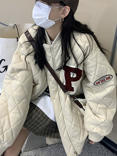 高街菱格棉服vintage外套女春秋新款韩版ins潮加厚oversize棒球服