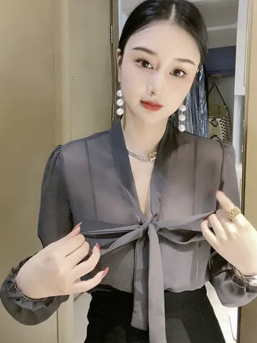 V领雪纺衫女长袖春秋款欧货高级感气质上衣显瘦网纱微透防晒衬衣