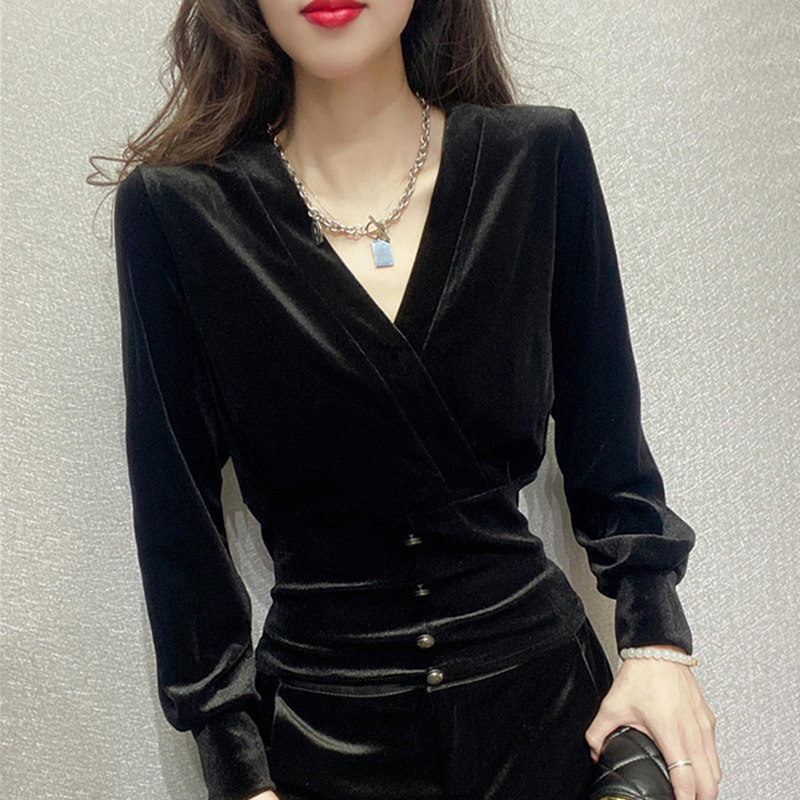 好货黑色金丝绒衬衫女春秋新款欧货高级感V领长袖上衣修身收腰打