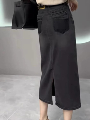 秋季新款黑灰色弹力中长款牛仔裙女高腰显瘦后开叉小个子半身裙子