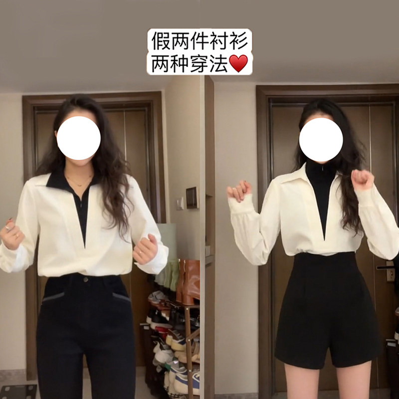 高领假两件拼接打底衫衬衫女春秋季新款胖mm洋气显瘦大码长袖上衣
