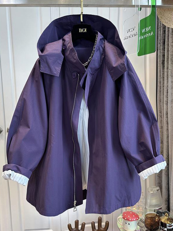紫色工装风休闲连帽冲锋衣女春秋欧货高级感风衣外套宽松洋气上衣