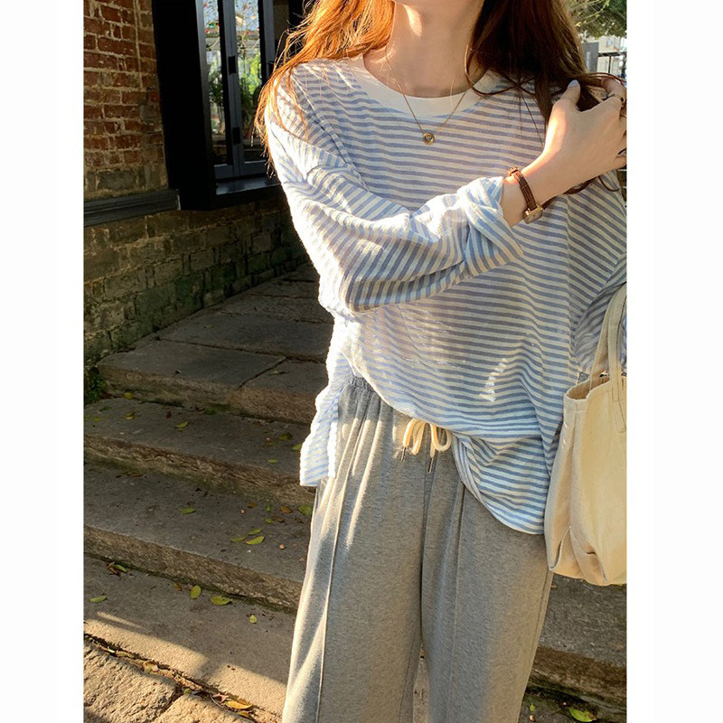 条纹长袖t恤女夏季新款复古港味chic冰丝宽松防晒衫气质薄款罩衫