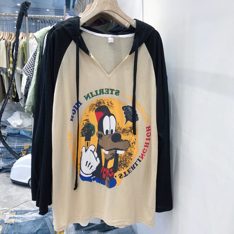 极速插肩袖连帽T恤女韩版卡通印花高飞薄款撞色拼接宽松休闲长袖