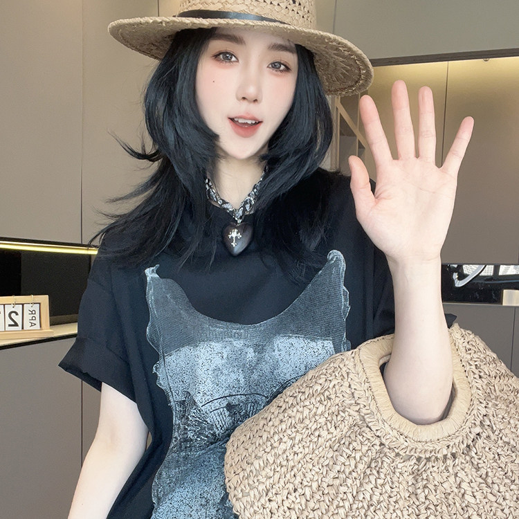 短袖连衣裙女2026夏季新款撞色拼接图案T恤裙荷叶边圆领半袖裙子