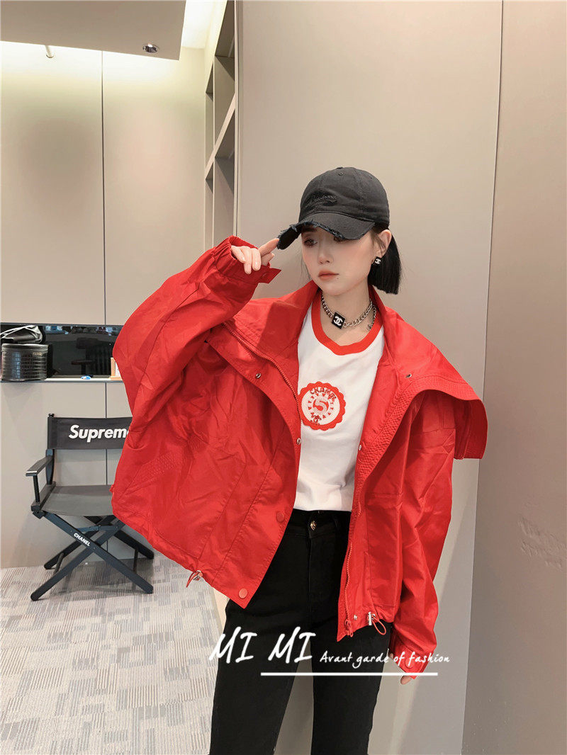 韩版宽松大口袋荷叶边披肩风衣外套女2026春季新款拉链短上衣